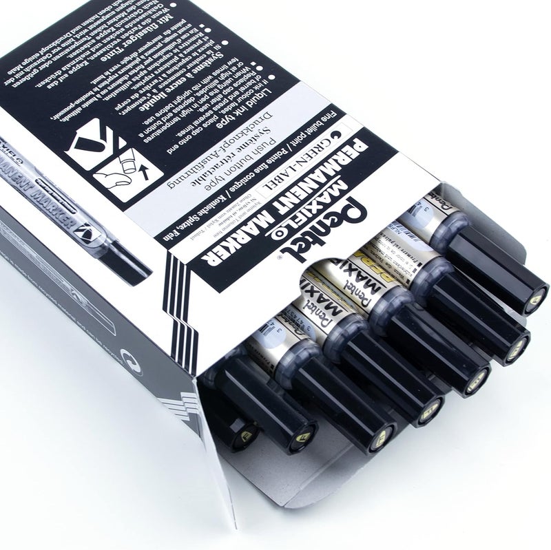 Pentel ماركر دائم بحبر سائل من بنتل بقطر 4.5 مم مع نظام إحياء زر الضغط - أسود (عبوة من 12 قلم) - عبوة من 05 - Image 2